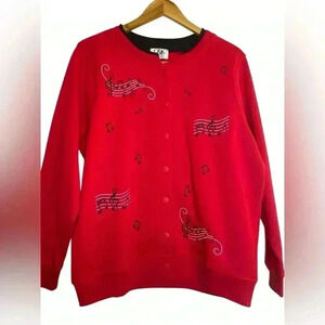 C&K Designs Music Notes Fleece Cardigan Jacket Double Crew Neck Button Front Med
